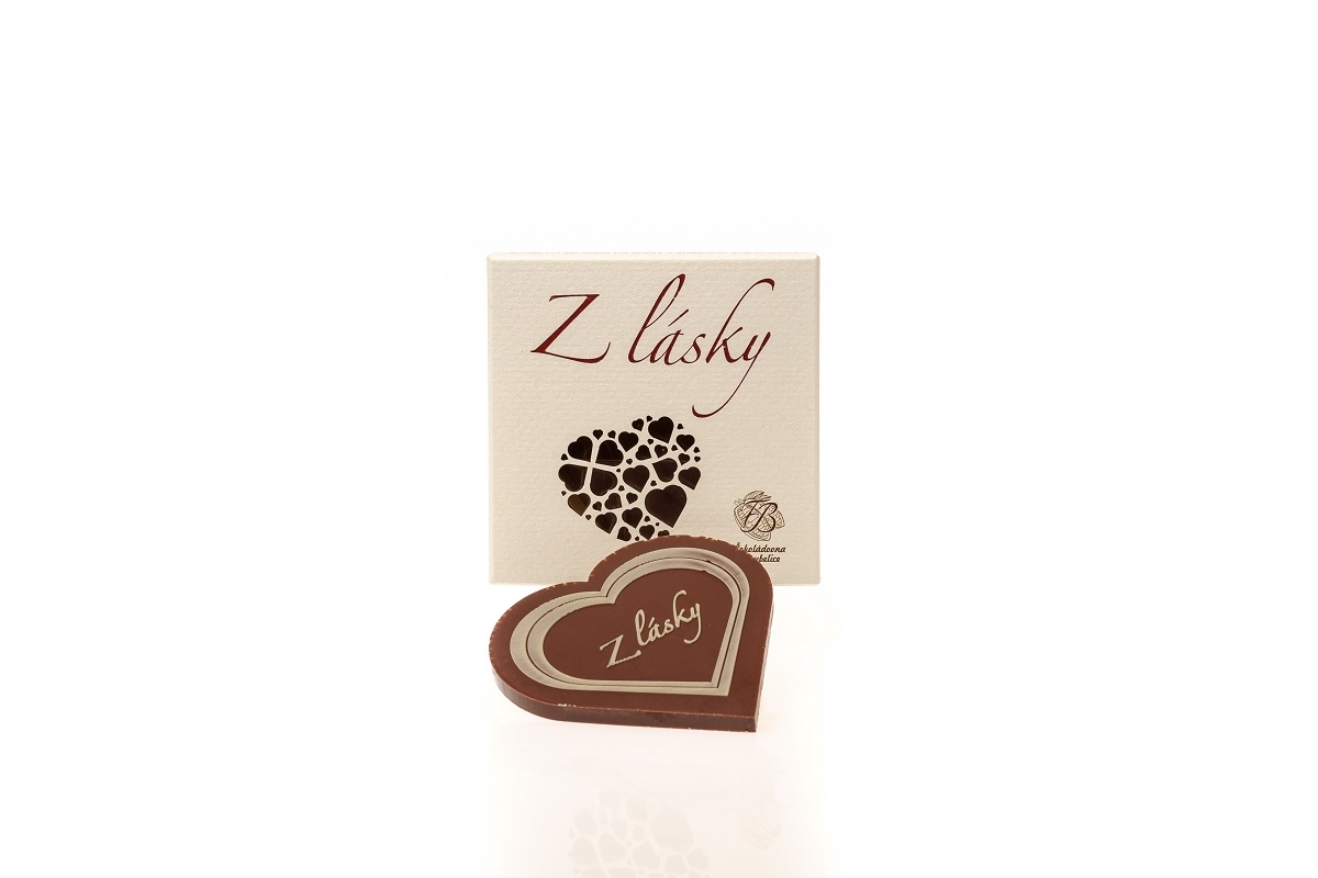 Čokoládové srdíčko - reliéf Z lásky, 75% hořká čokoláda, perleťový obal - Z lásky