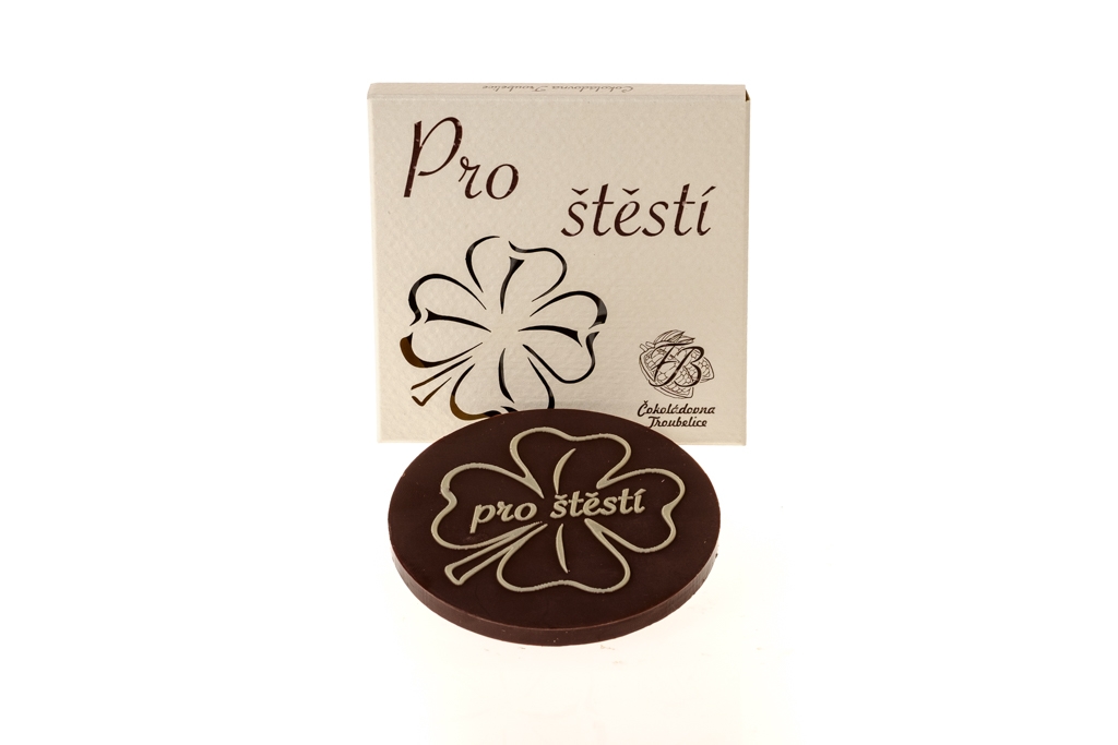 Čokoládové kolečko - reliéf čtyřlístek, 75% hořká čokoláda, perleťový obal - Pro štěstí